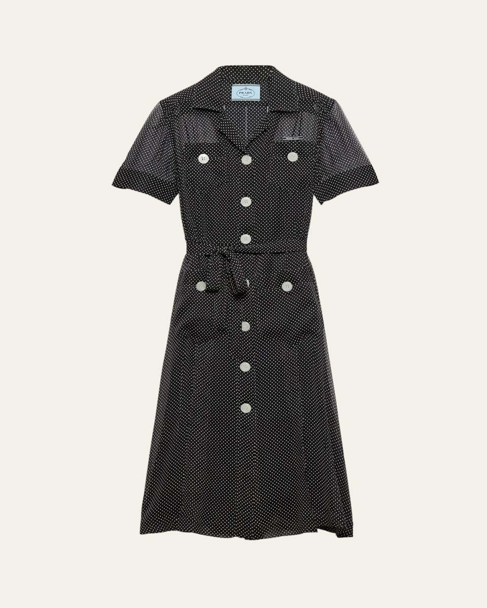 Polka-Dot Chiffon Short-Sleeve Midi Shirtdress